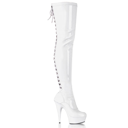 Pleaser DELIGHT-3063 White Lace-Up Platform Thigh High Boots - 6 Inch Heels White Stretch Patent White