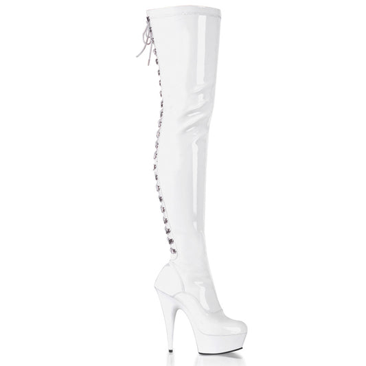 Pleaser DELIGHT-3063 White Lace-Up Platform Thigh High Boots - 6 Inch Heels White Stretch Patent White