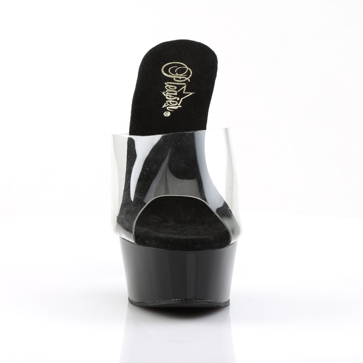 Pleaser DELIGHT-601 Clear / Black Peep Toe Platform Mules - 6 Inch Heels
