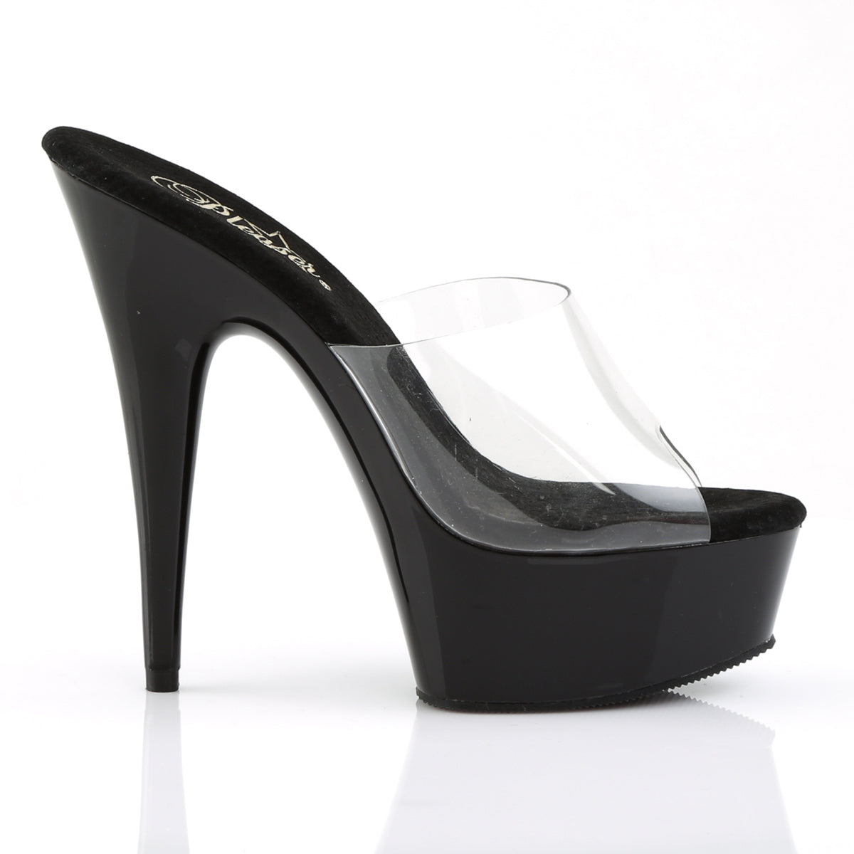 Pleaser DELIGHT-601 Clear / Black Peep Toe Platform Mules - 6 Inch Heels