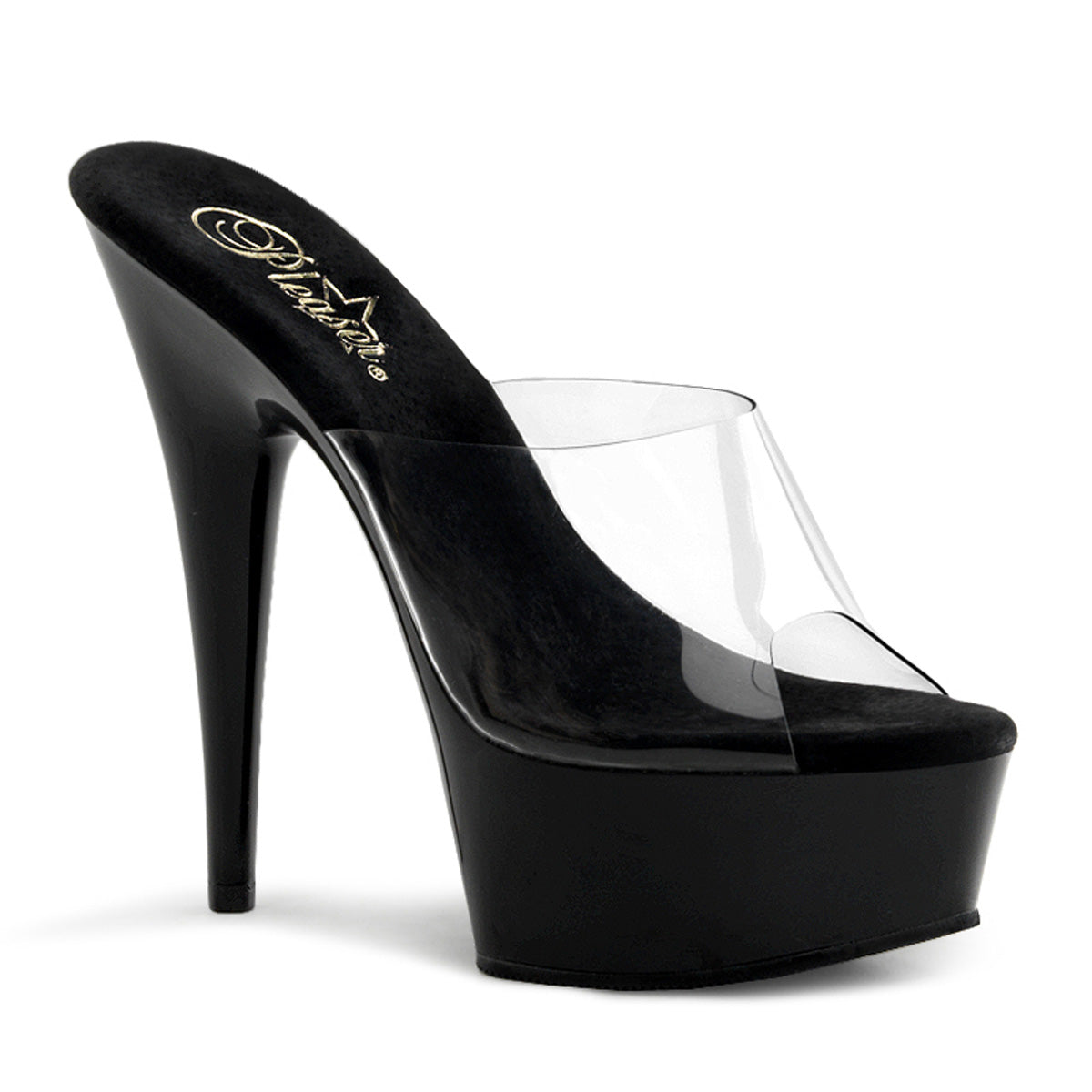 Pleaser DELIGHT-601 Clear / Black Peep Toe Platform Mules - 6 Inch Heels Clear Black