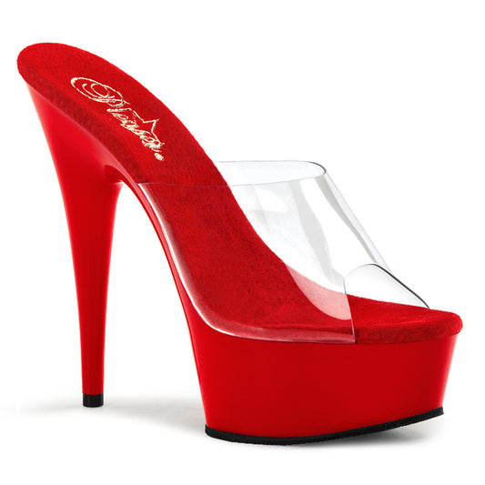 Pleaser DELIGHT-601 Clear / Red Peep Toe Platform Mules - 6 Inch Heels