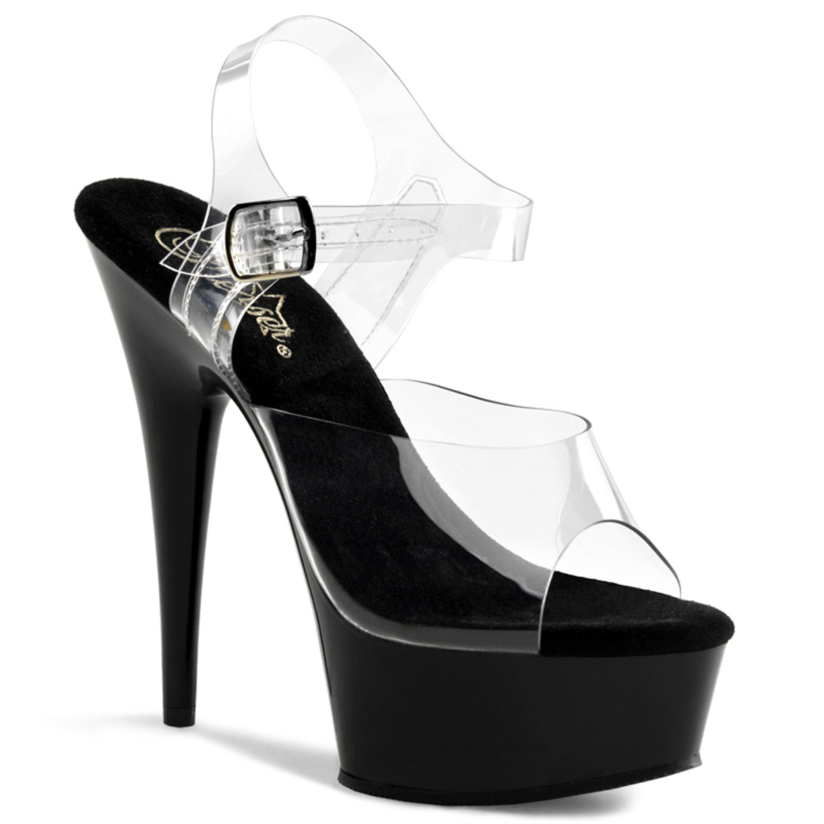 Pleaser DELIGHT-608 Clear / Black Peep Toe Platform Sandals - 6 Inch Heels Clear Black