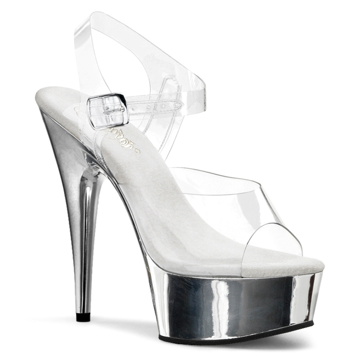 Pleaser DELIGHT-608 Clear / Silver Chrome Peep Toe Platform Sandals - 6 Inch Heels