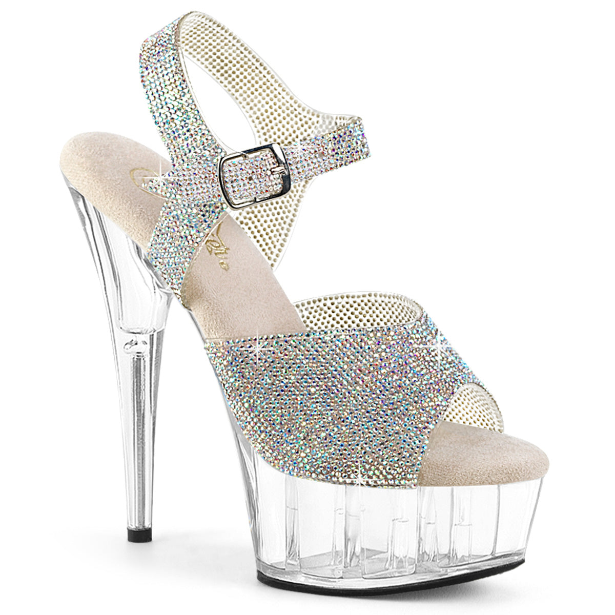 Pleaser DELIGHT-608N-Rhinestones Silver Aurora Borealis Rhinestones / Clear Rhinestone Platform Sandals - 6 Inch Heels Slv AB RS-TPU Clr