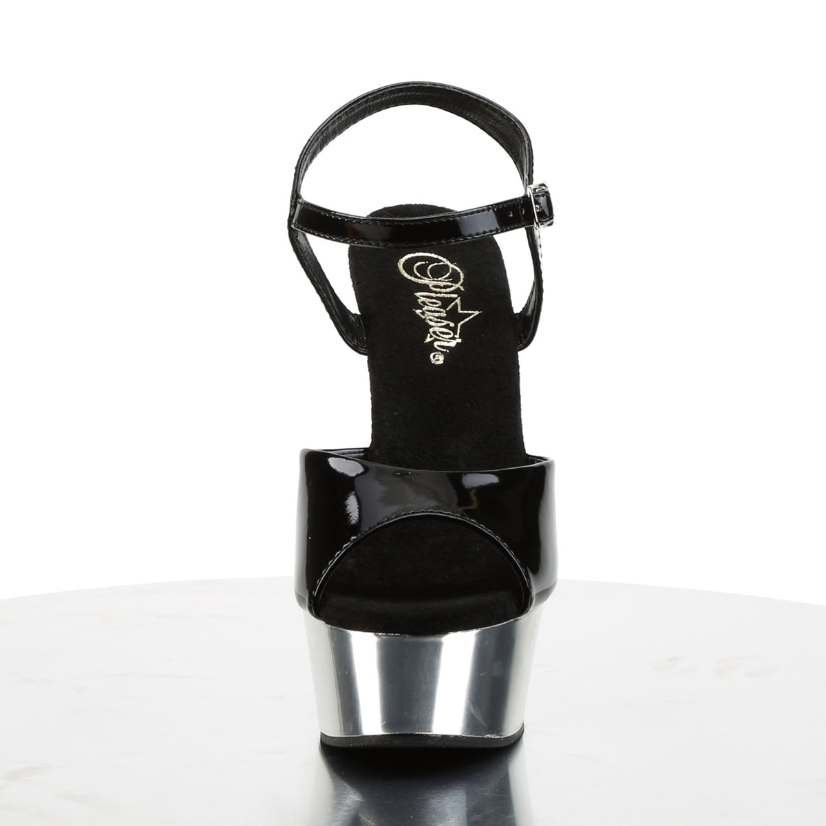 Pleaser DELIGHT-609 Black / Silver Chrome Peep Toe Platform Sandals - 6 Inch Heels