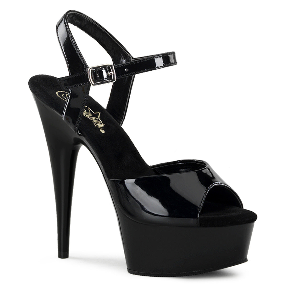 Pleaser DELIGHT-609 Black Peep Toe Platform Sandals - 6 Inch Heels Black Patent