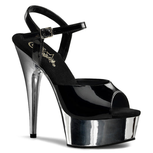 Pleaser DELIGHT-609 Black / Silver Chrome Peep Toe Platform Sandals - 6 Inch Heels