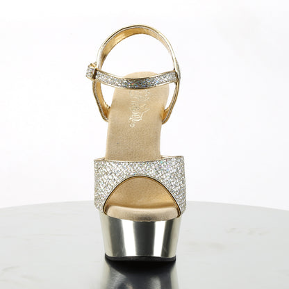 Pleaser DELIGHT-609G Gold Multicolour Glitter / Gold Chrome Glitter Peep Toe Platform Sandals - 6 Inch Heels