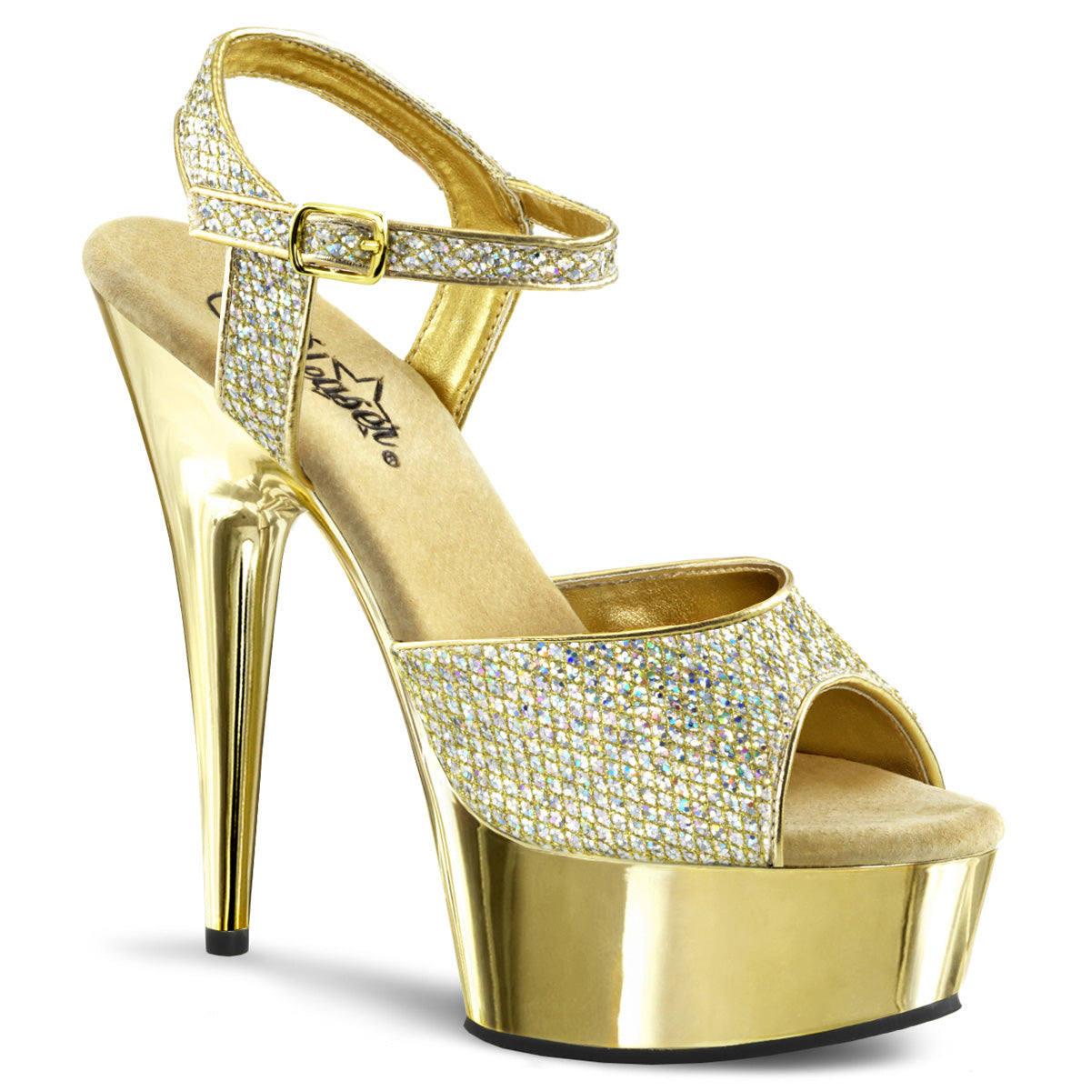 Pleaser DELIGHT-609G Gold Multicolour Glitter / Gold Chrome Glitter Peep Toe Platform Sandals - 6 Inch Heels