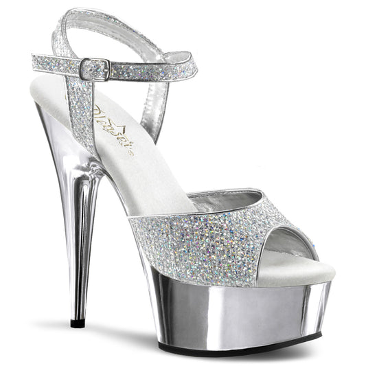 Pleaser DELIGHT-609G Silver Multicolour Glitter / Silver Chrome Glitter Peep Toe Platform Sandals - 6 Inch Heels