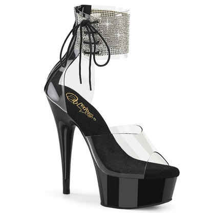 Pleaser DELIGHT-624RS Clear / Black Rhinestone Platform Sandals - 6 Inch Heels