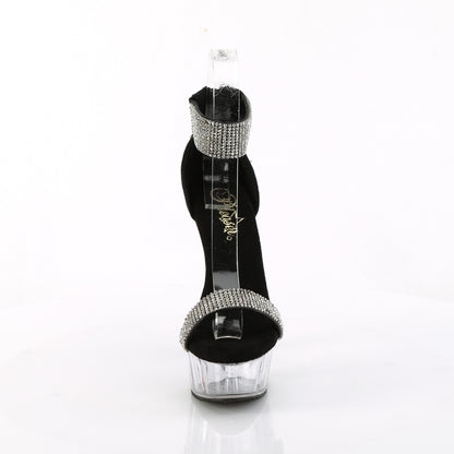 Pleaser DELIGHT-641 Black Shimmery Fabric / Clear Rhinestone Platform Sandals - 6 Inch Heels