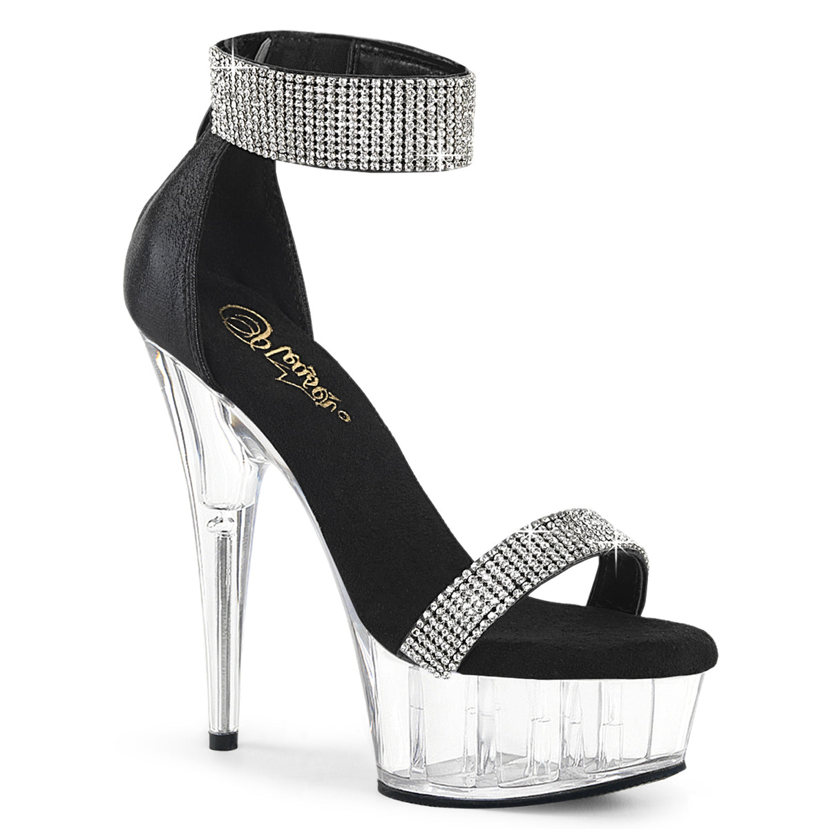 Pleaser DELIGHT-641 Black Shimmery Fabric / Clear Rhinestone Platform Sandals - 6 Inch Heels