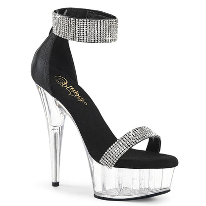 Pleaser DELIGHT-641 Black Shimmery Fabric / Clear Rhinestone Platform Sandals - 6 Inch Heels