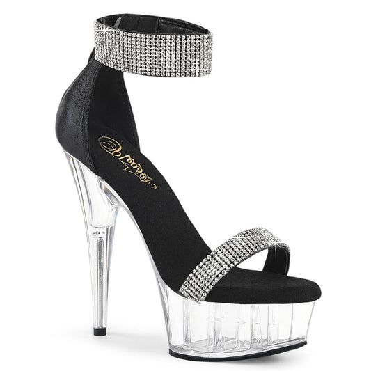 Pleaser DELIGHT-641 Black Shimmery Fabric / Clear Rhinestone Platform Sandals - 6 Inch Heels