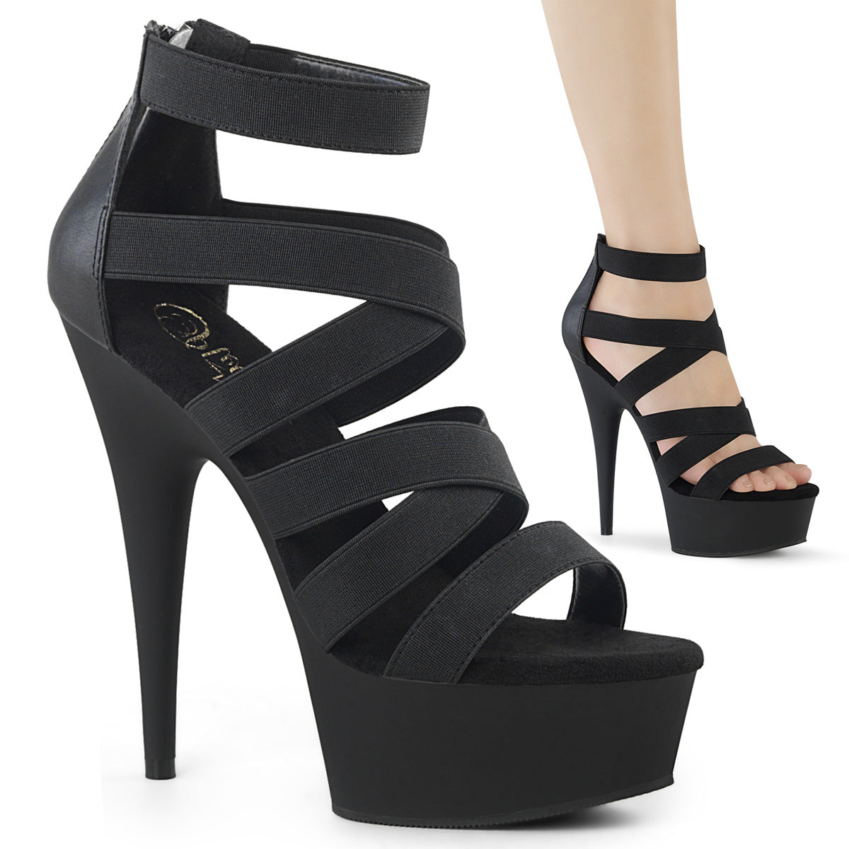 DELIGHT-659 Pleaser Black 6 Inch Pole Dancer Platform Shoes Black Elastic Band-Faux Leather Black Matte