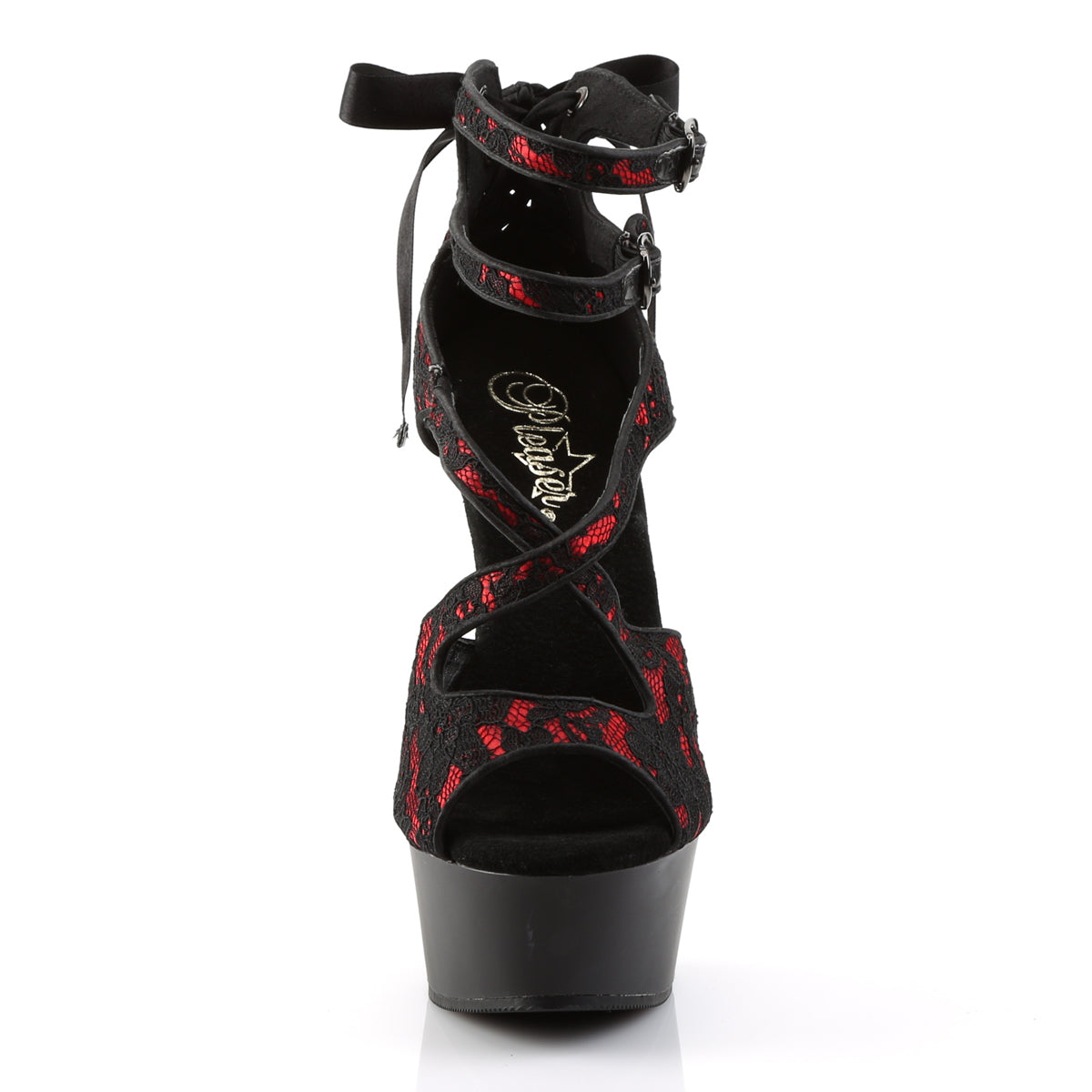 Pleaser DELIGHT-678LC Red -Lace / Black Matte Platform Sandals - 6 Inch Heels
