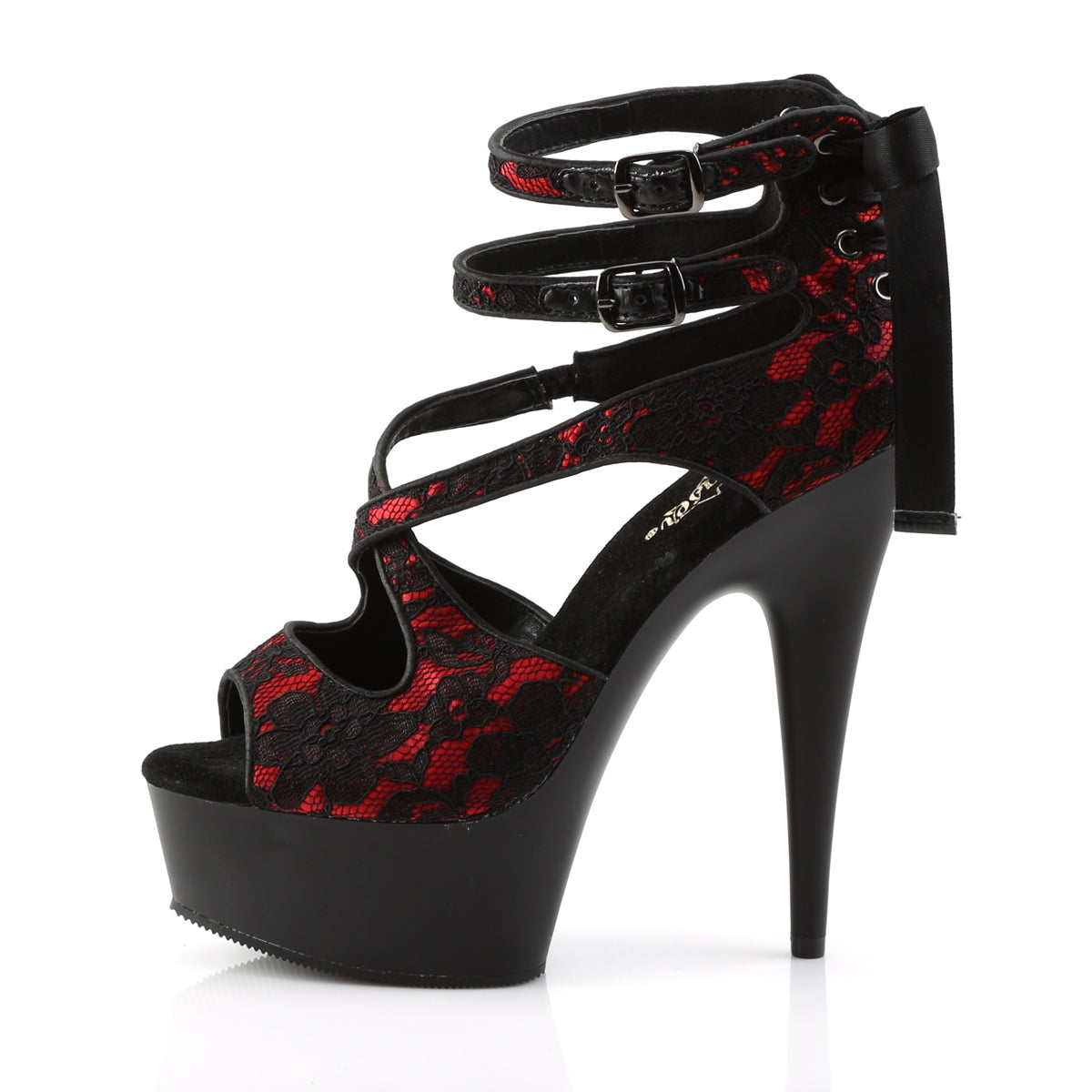 Pleaser DELIGHT-678LC Red -Lace / Black Matte Platform Sandals - 6 Inch Heels