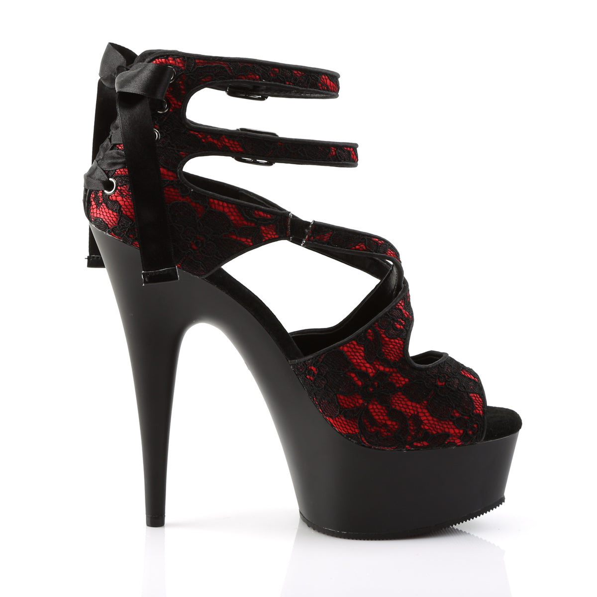 Pleaser DELIGHT-678LC Red -Lace / Black Matte Platform Sandals - 6 Inch Heels