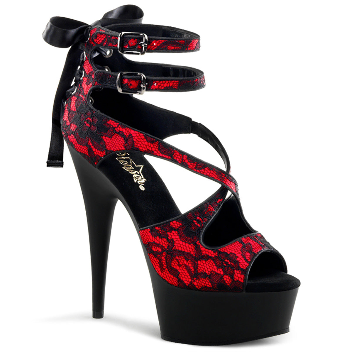 Pleaser DELIGHT-678LC Red -Lace / Black Matte Platform Sandals - 6 Inch Heels