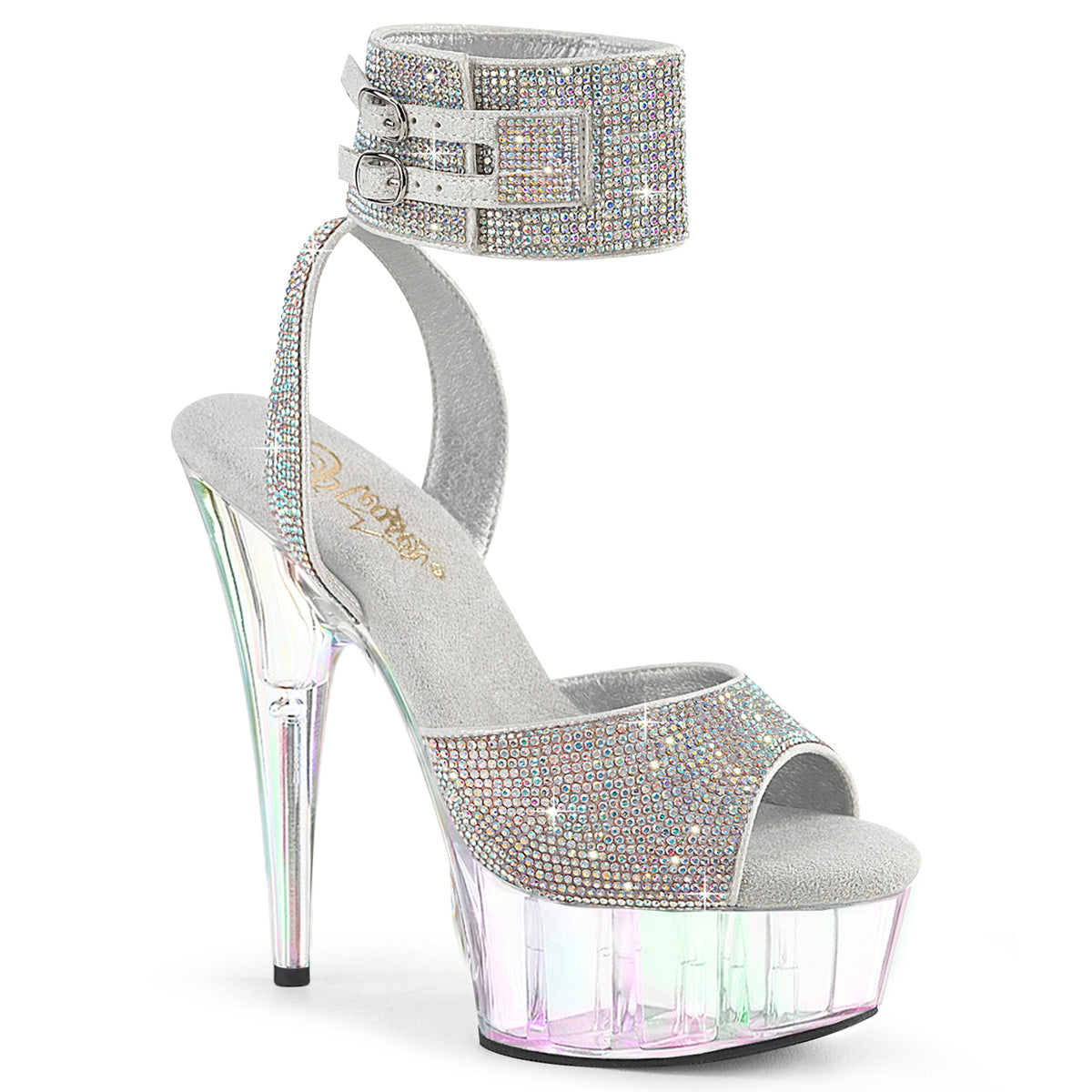 Pleaser DELIGHT-691HTRS Silver Aurora Borealis Rhinestones-TPU/Holographic Tinted Rhinestone Platform Sandals - 6 Inch Heels
