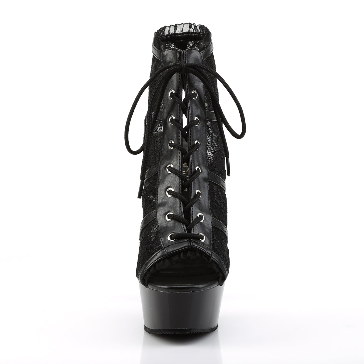 Pleaser DELIGHT-696LC Black -Lace / Black Lace-Up Open Toe Platform Boots - 6 Inch Heels