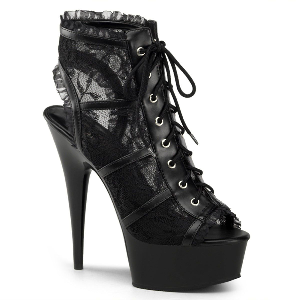 Pleaser DELIGHT-696LC Black -Lace / Black Lace-Up Open Toe Platform Boots - 6 Inch Heels