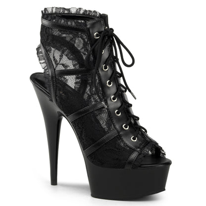 Pleaser DELIGHT-696LC Black -Lace / Black Lace-Up Open Toe Platform Boots - 6 Inch Heels