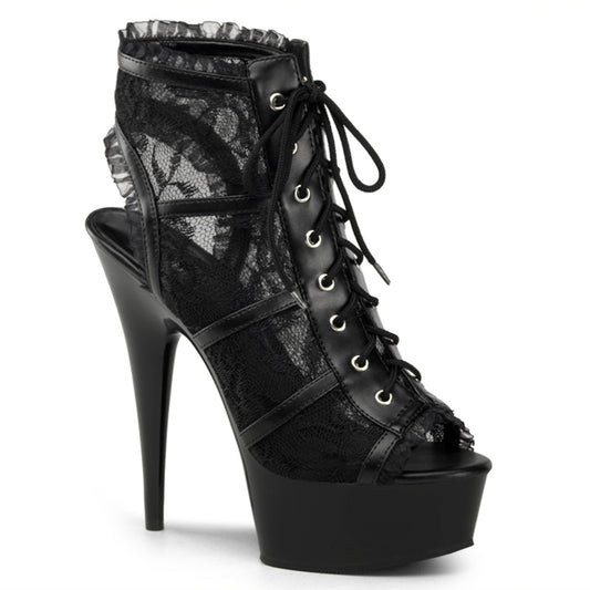 Pleaser DELIGHT-696LC Black -Lace / Black Lace-Up Open Toe Platform Boots - 6 Inch Heels