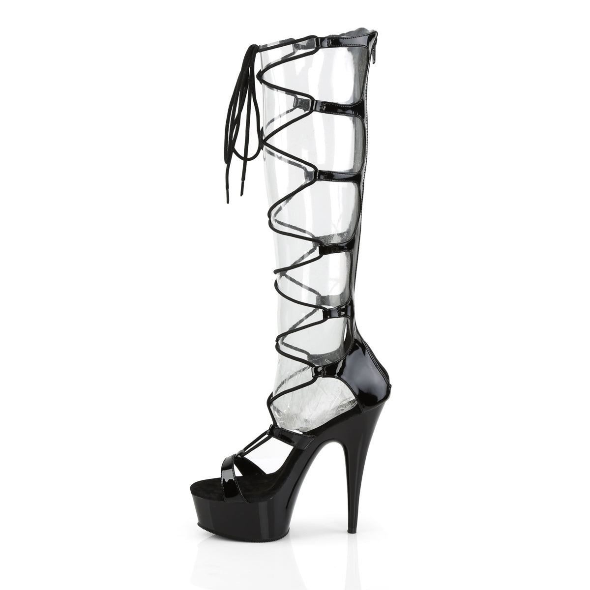 Pleaser DELIGHT-698 Black Lace-Up Open Toe Platform Boots - 6 Inch Heels