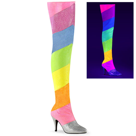 Pleaser Pink Label DREAM-3012RBG Multicolour-Rainbow Multicolour Glitter Thigh High Boots - 4 Inch Heels