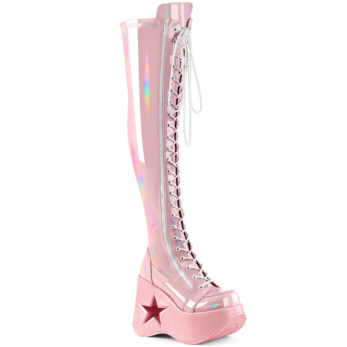 DYNAMITE-300 Demonia Cult Baby Pink Alternative Women's Over-the-Knee Boots B. Pink Stretch Holo