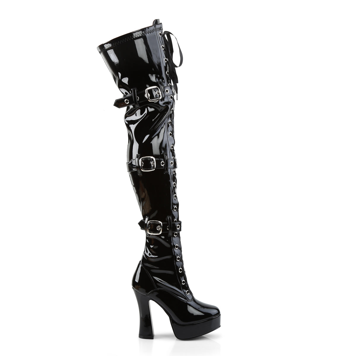 Pleaser ELECTRA-3028 Black Lace-Up Platform Thigh High Boots - 5 Inch Heels