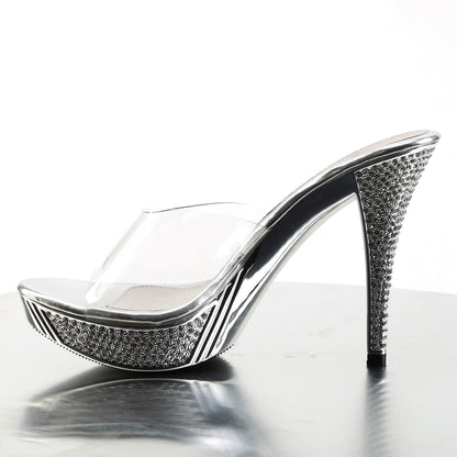 Fabulicious ELEGANT-401 Clear / Silver Chrome Rhinestone Platform Mules - 4 1/2 Inch Heels