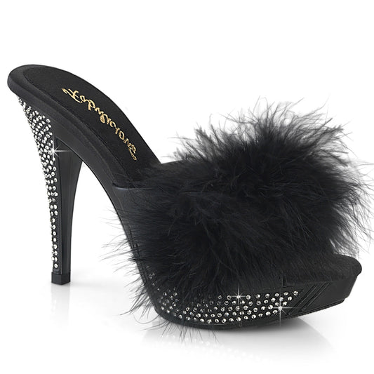 ELEGANT-401F Fabulicious 4 1/2" Elegant Black Marabou-Faux Leather/Black Shoes