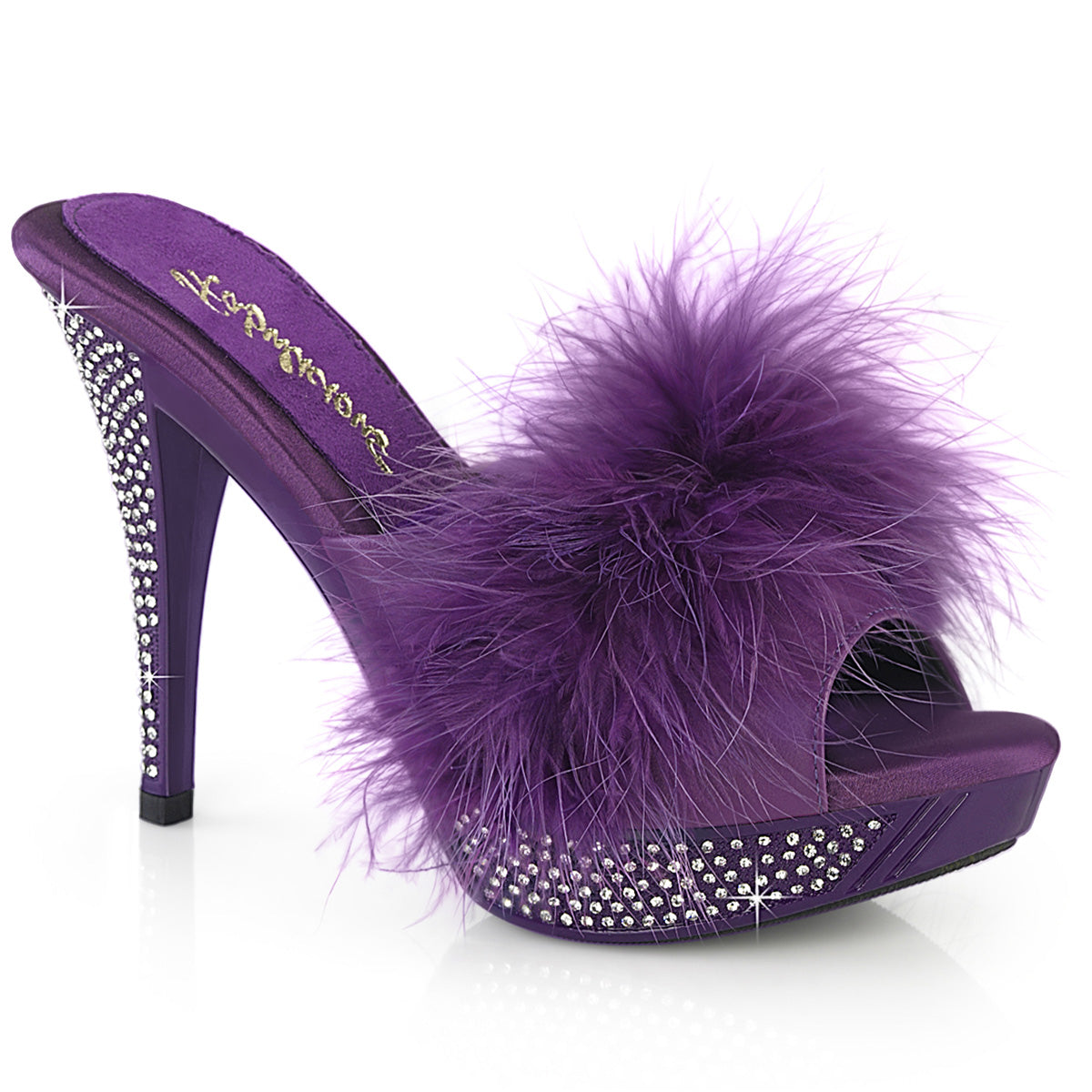 Fabulicious ELEGANT-401F Purple Marabou / Purple Rhinestone Platform Shoes - 4 1/2 Inch Heels