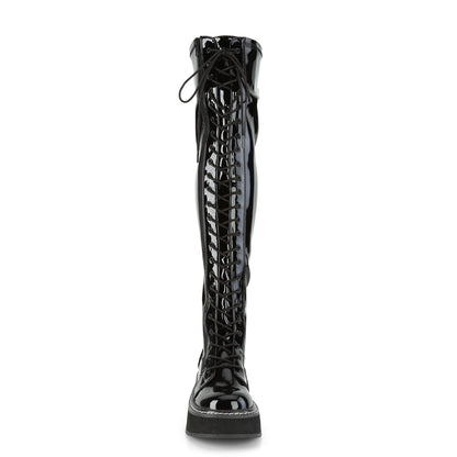 Demonia EMILY-375 Black Lace-Up Platform Thigh High Boots