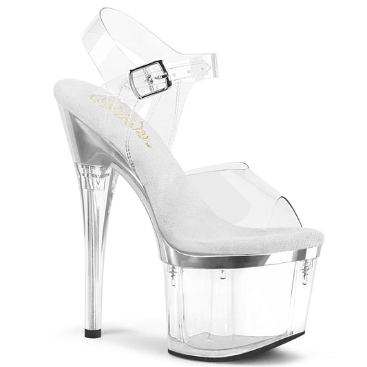 ESTEEM-708 Pleaser 7 Inch Clear Perspex Pole Dancing Heels Clr Slv Chrome-Clr