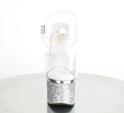 Pleaser ESTEEM-708CHLG Clear / Silver Chrome-Multicolour Glitter Glitter Platform Sandals - 7 Inch Heels