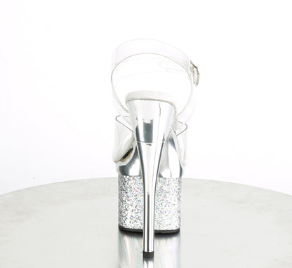 Pleaser ESTEEM-708CHLG Clear / Silver Chrome-Multicolour Glitter Glitter Platform Sandals - 7 Inch Heels
