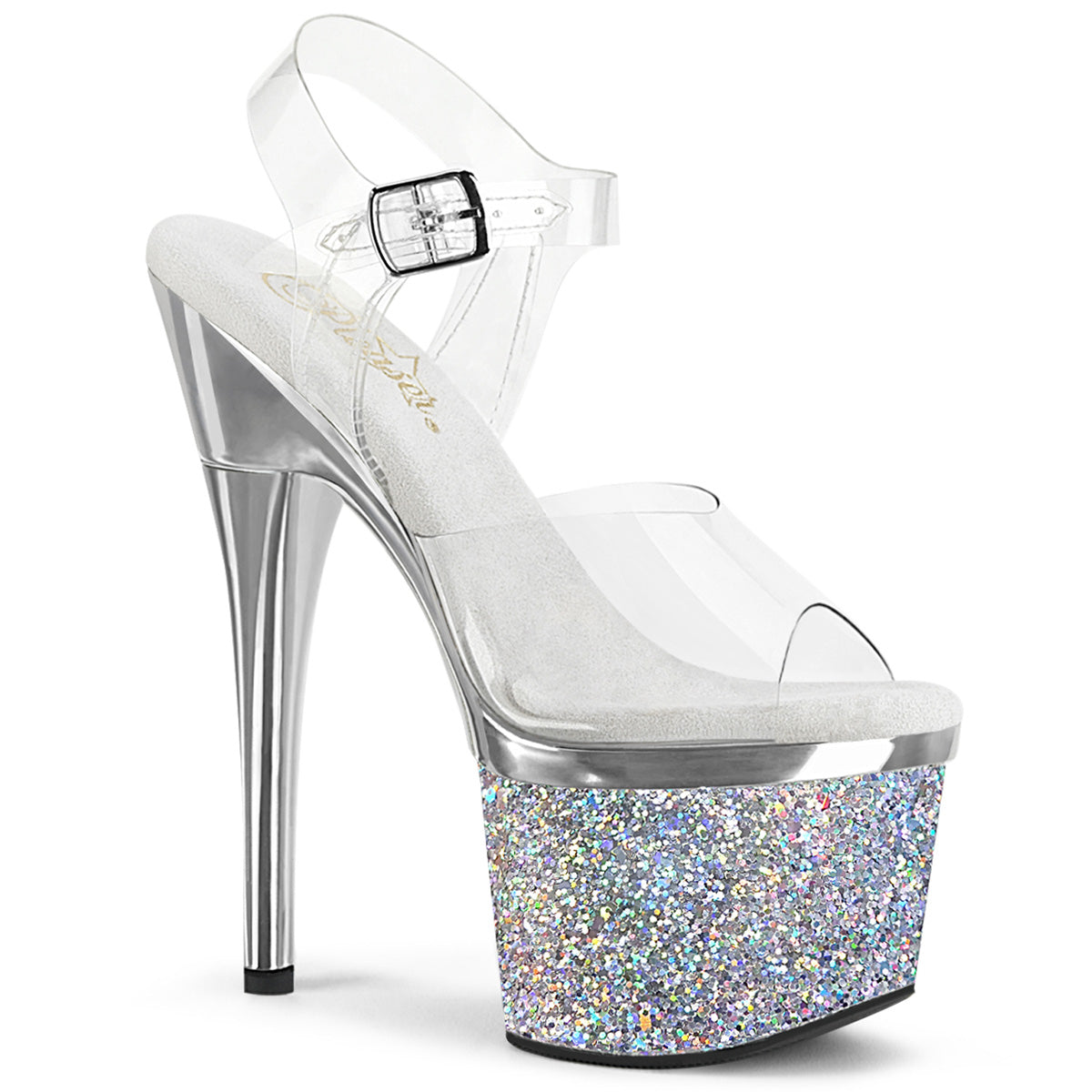 ESTEEM-708CHLG Pleaser Silver Chrome 7 Inch Pole Dance Platform Shoes Clear Silver Chrome-Multi Glitter