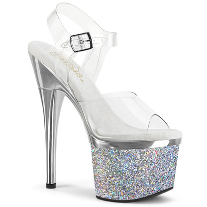 ESTEEM-708CHLG Pleaser Silver Chrome 7 Inch Pole Dance Platform Shoes Clear Silver Chrome-Multi Glitter