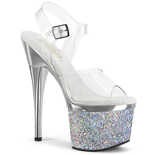 Pleaser ESTEEM-708CHLG Clear / Silver Chrome-Multicolour Glitter Glitter Platform Sandals - 7 Inch Heels