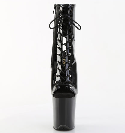 Pleaser FLAMINGO-1016 Black Lace-Up Open Toe Platform Ankle Boots - 8 Inch Heels