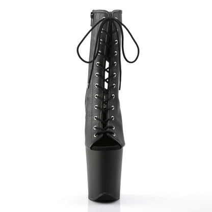 Pleaser FLAMINGO-1016 Black / Black Matte Lace-Up Peep Toe Platform Ankle Boots - 8 Inch Heels