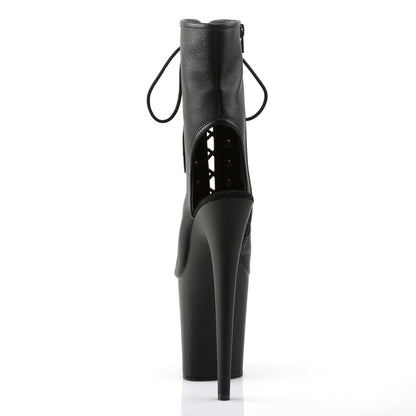 Pleaser FLAMINGO-1016 Black / Black Matte Lace-Up Peep Toe Platform Ankle Boots - 8 Inch Heels