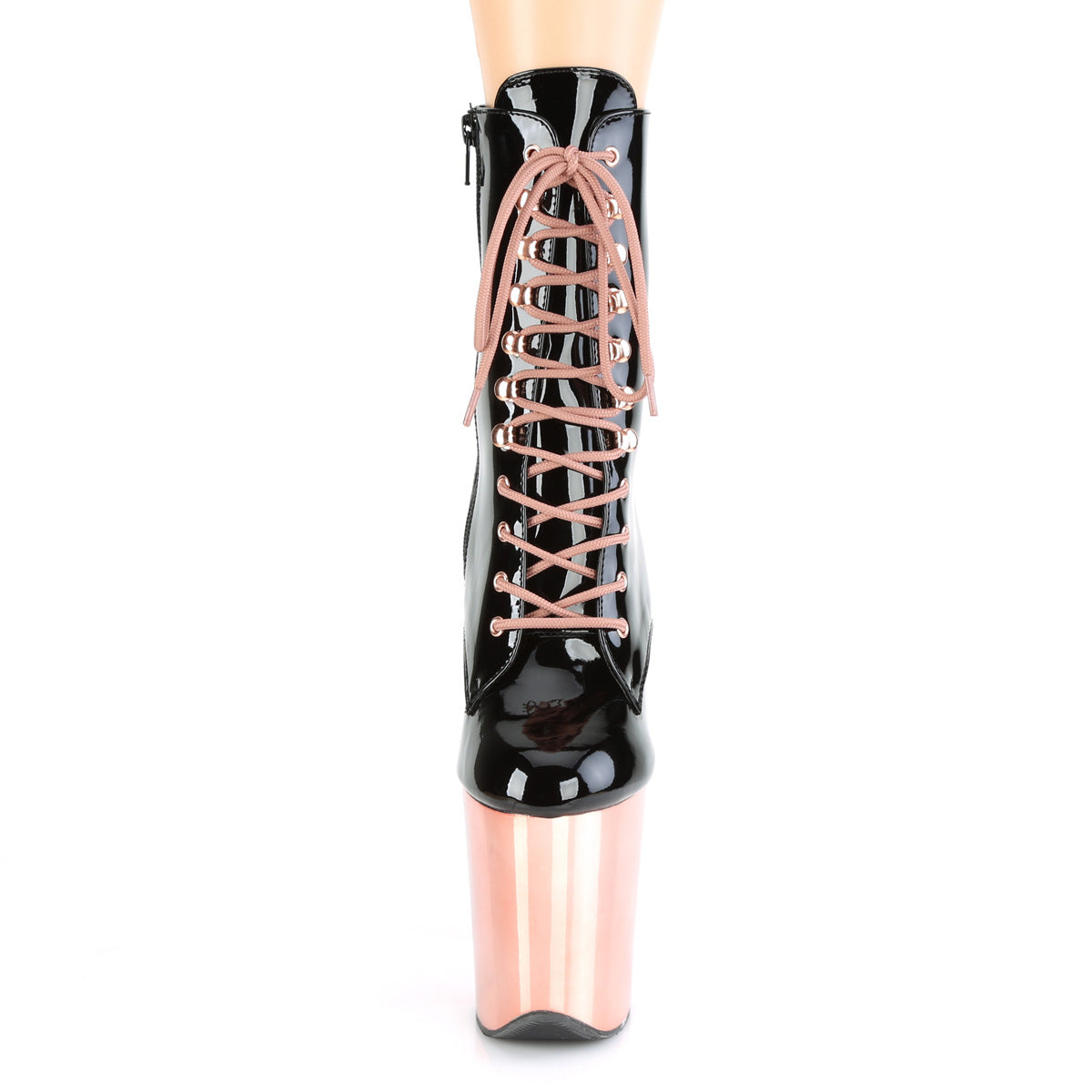 Pleaser FLAMINGO-1020 Black / Rose Gold Chrome Lace-Up Platform Ankle Boots - 8 Inch Heels