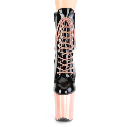 Pleaser FLAMINGO-1020 Black / Rose Gold Chrome Lace-Up Platform Ankle Boots - 8 Inch Heels
