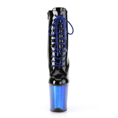 Pleaser FLAMINGO-1020 Black / Royal Blue Chrome Lace-Up Platform Ankle Boots - 8 Inch Heels